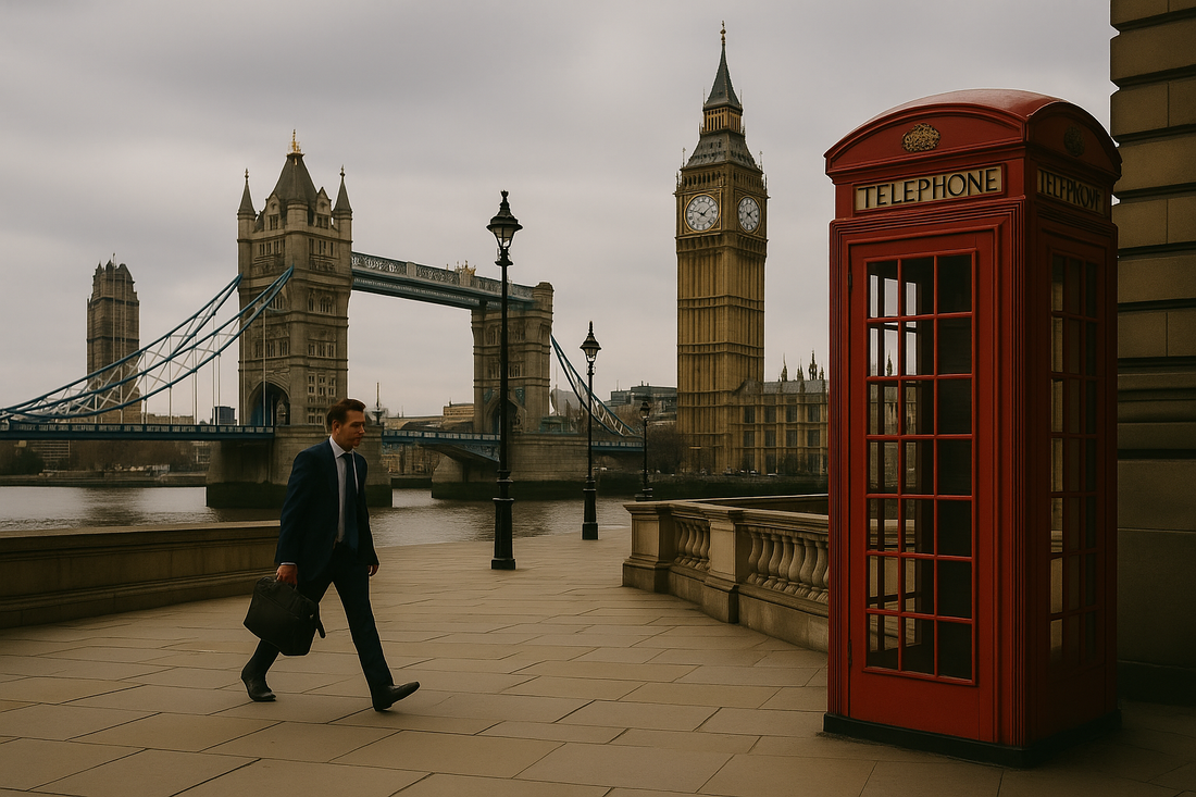 Homme d’affaires marchant près d’une cabine téléphonique rouge à Londres avec Big Ben et Tower Bridge en arrière-plan, illustrant un voyage professionnel au Royaume-Uni avec une ETA UK en 2025.