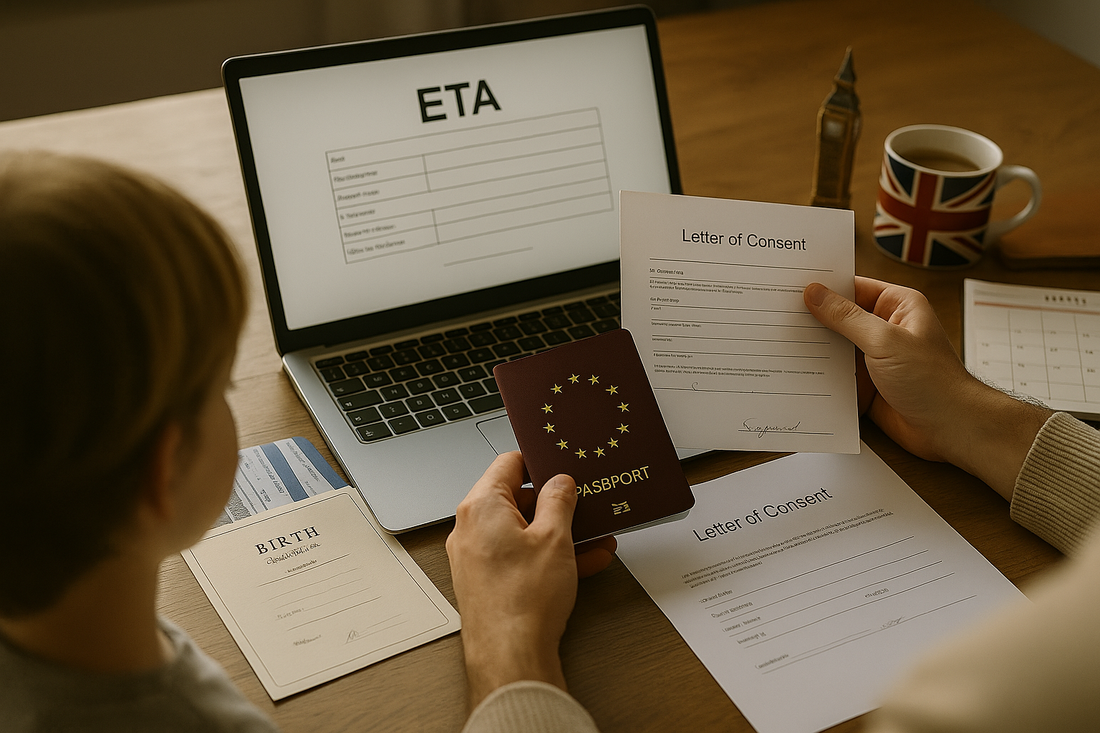 Passeport enfant, autorisation parentale et reçu « ETA UK » sur une table — documents requis pour une demande d’ETA Royaume-Uni 2025 pour mineur.