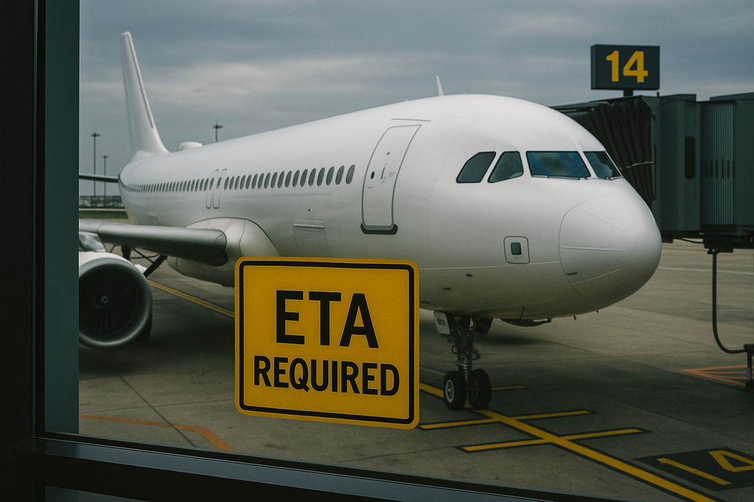 Avion de ligne en escale à l’aéroport de Londres illustrant un transit au Royaume-Uni, soulignant la nécessité d’une ETA selon les conditions d’entrée en 2025.