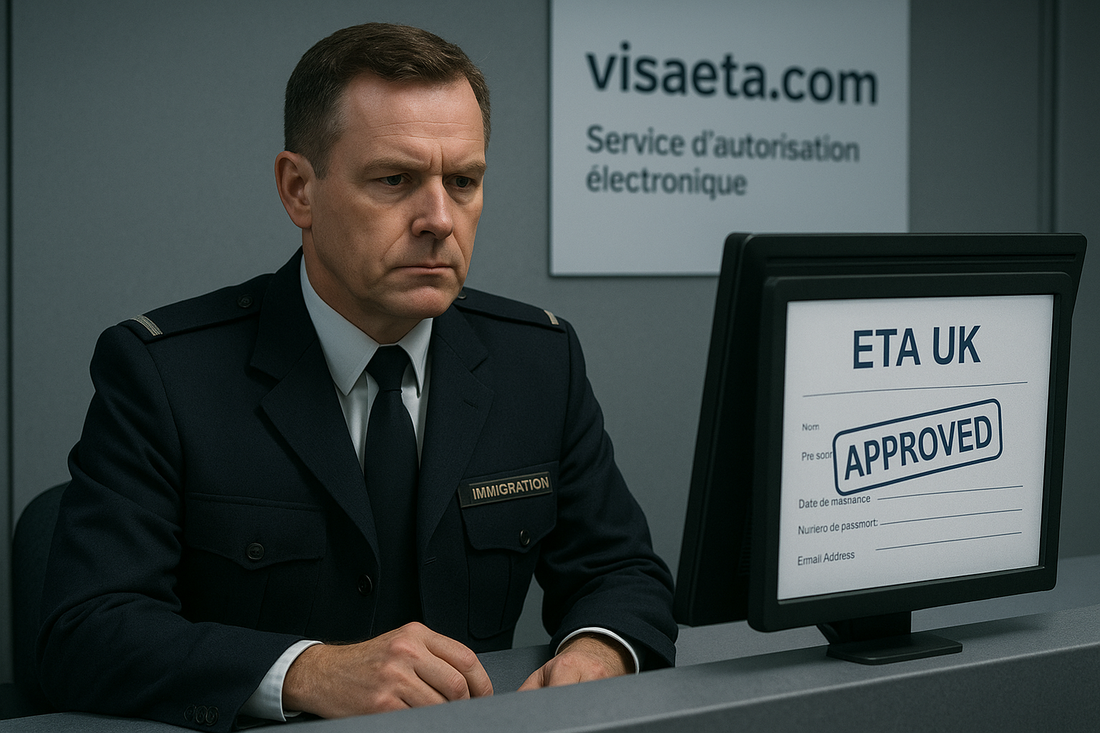 Agent d’immigration britannique examinant une demande d’ETA UK approuvée sur écran dans un bureau officiel, avec logo visaeta.com en arrière-plan – procédure ETA Royaume-Uni 2025.