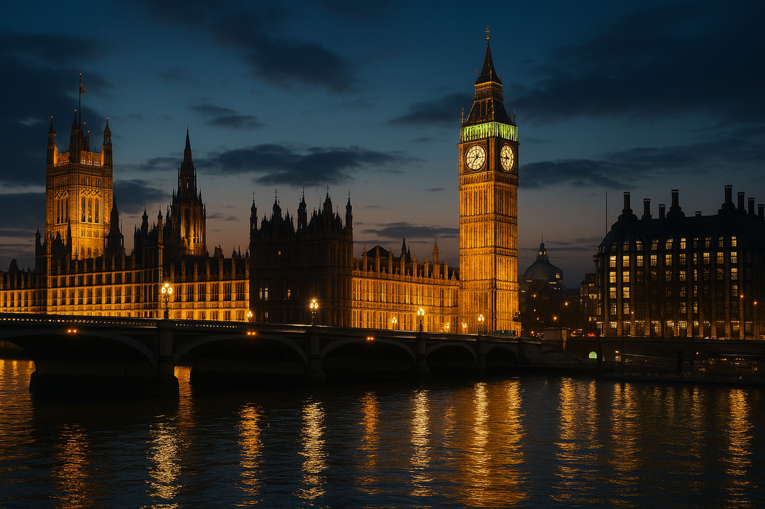 Vue nocturne emblématique du Palais de Westminster et de Big Ben illuminés à Londres, reflétés sur la Tamise – symbole du Royaume-Uni et destination majeure pour les voyageurs munis d’une ETA UK en 2025.