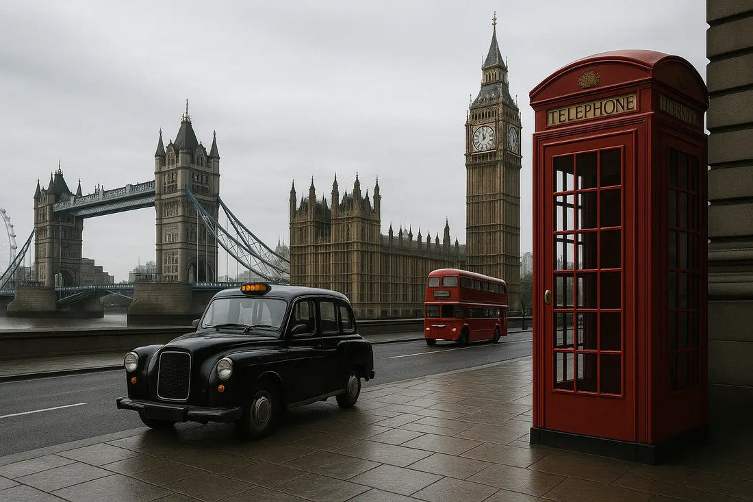 Vue emblématique de Londres avec une cabine téléphonique rouge, un taxi noir, un bus à impériale et les monuments Big Ben et Tower Bridge, illustrant l’arrivée au Royaume-Uni avec une ETA.