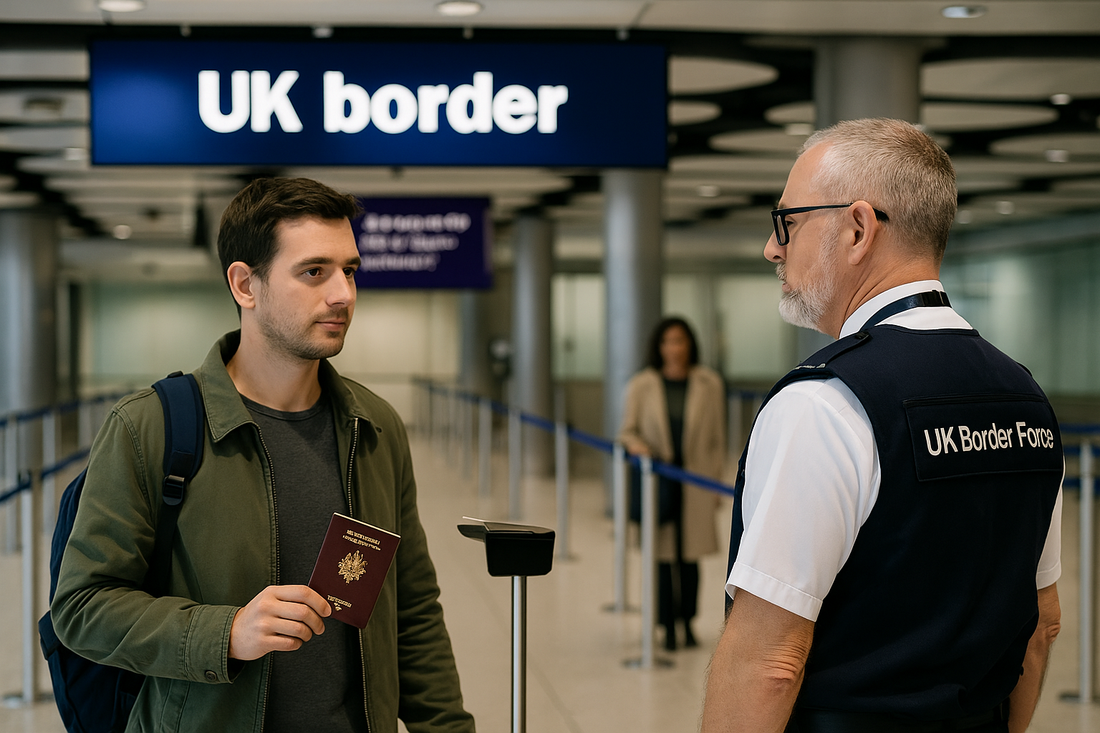 Poste frontière au Royaume-Uni avec contrôle des passeports en 2025, illustrant les procédures de sécurité liées à l’ETA pour les voyageurs étrangers.