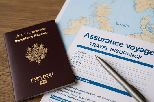 Passeport français et formulaire d’assurance voyage avant un départ au Royaume-Uni avec une ETA UK.