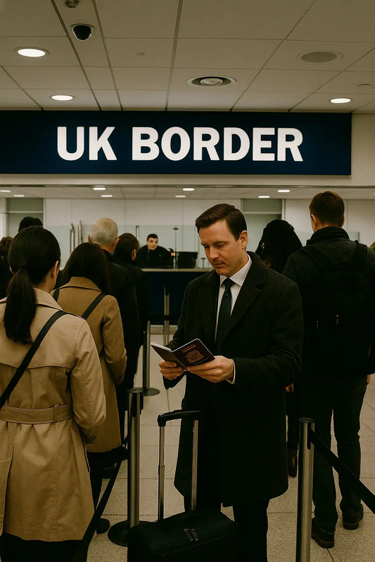Contrôle aux douanes britanniques avec vérification de l’ETA UK et du passeport à l’arrivée au Royaume-Uni.