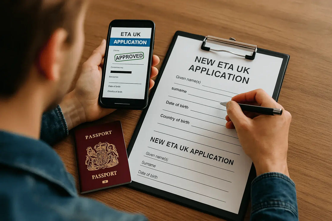 Correction d’une demande d’ETA UK : voyageur remplissant un nouveau formulaire après une erreur, avec passeport et confirmation ETA sur smartphone.