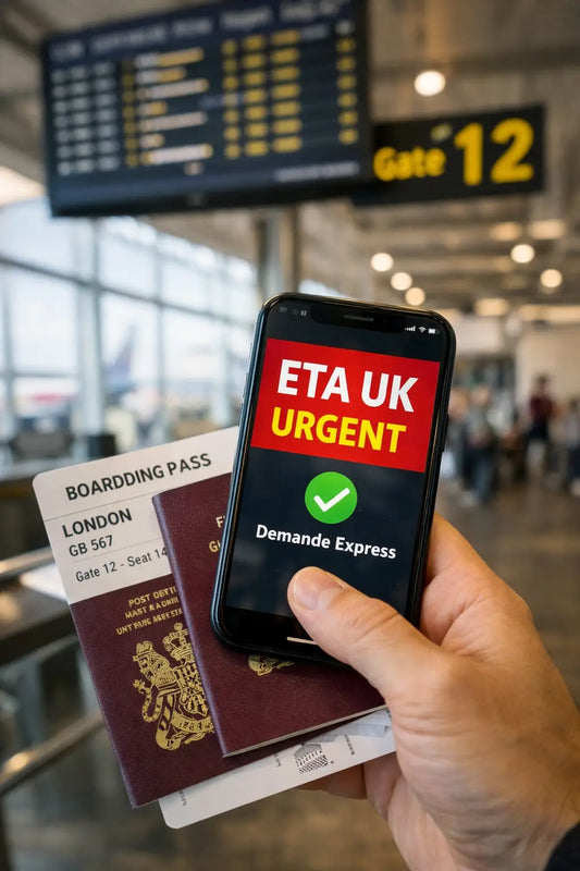 Voyageur tenant un passeport et une carte d’embarquement pour Londres devant une porte d’embarquement, consultant sur son smartphone une demande d’ETA UK urgente validée avant un départ imminent vers le Royaume-Uni.