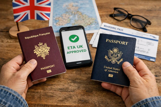 Voyageur tenant deux passeports dont un passeport français, illustrant le choix du passeport à utiliser pour une demande d’ETA UK sur Visaeta en cas de double nationalité.