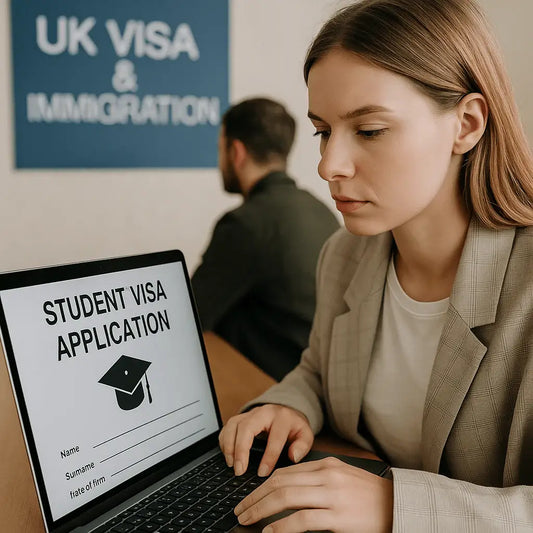 Étudiante effectuant une demande de visa étudiant pour le Royaume-Uni sur ordinateur, illustrant l'incompatibilité de l' ETA UK et les études.