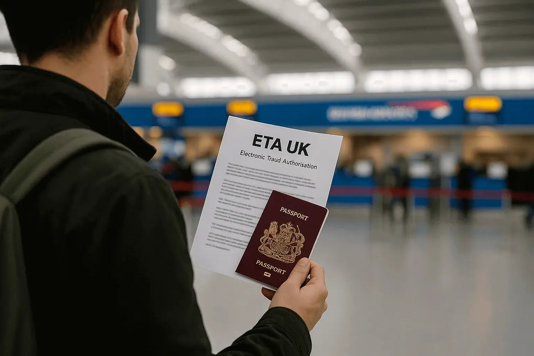 Voyageur à l’aéroport tenant un passeport et un document ETA UK devant les comptoirs d’enregistrement, illustrant la préparation et l’obligation de l’autorisation électronique de voyage pour entrer au Royaume-Uni.