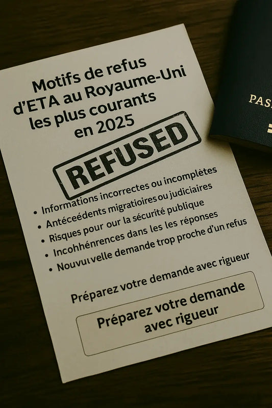 Motifs de refus d’ETA UK les plus courants en 2025, avec document marqué « refusé », illustrant les erreurs et incohérences pouvant entraîner un rejet de la demande d'ETA.