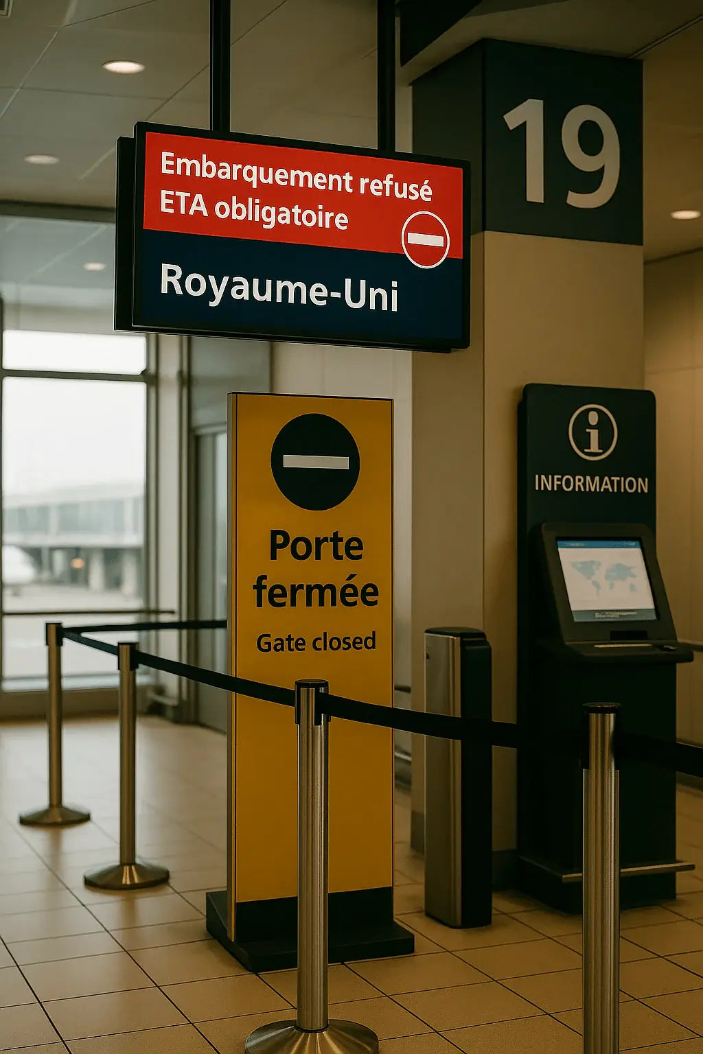 Signalisation d’aéroport indiquant un embarquement refusé pour le Royaume-Uni en raison de l’absence d’ETA UK obligatoire.
