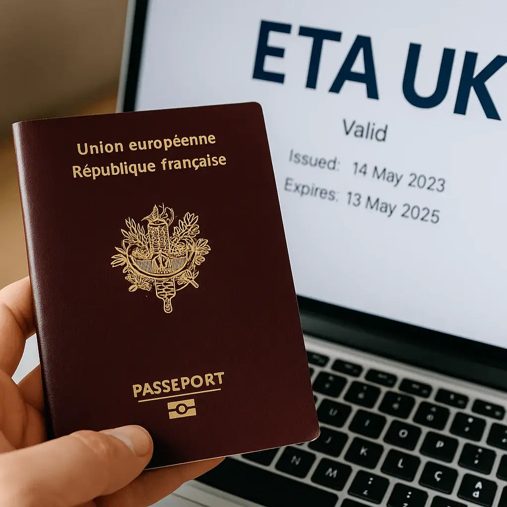 Passeport français présenté devant une confirmation d’ETA UK à l’écran, illustrant l’expiration du passeport et l’invalidation possible de l’autorisation électronique.