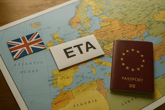 Carte de l’Europe avec passeport européen, mention ETA UK et drapeau britannique illustrant les pays éligibles à l’ETA Royaume-Uni.