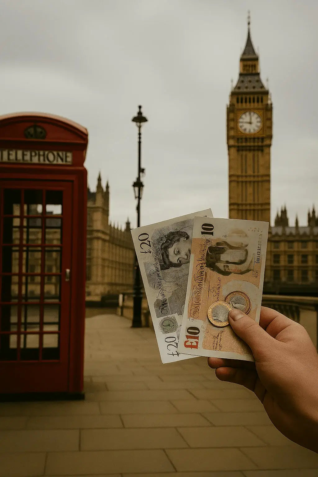 Main tenant des billets et pièces en livres sterling devant le Parlement britannique à Londres, illustrant la question du remboursement de l’ETA UK.