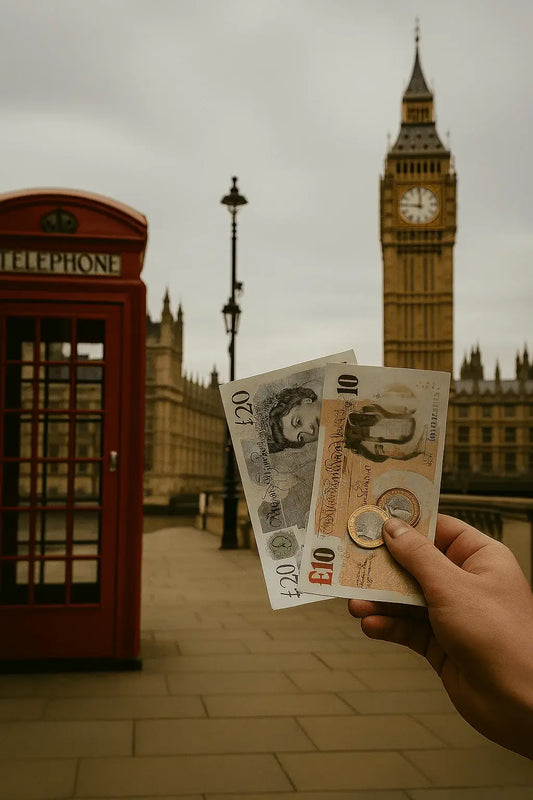 Main tenant des billets et pièces en livres sterling devant le Parlement britannique à Londres, illustrant la question du remboursement de l’ETA UK.