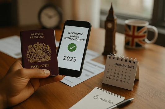 Passeport et téléphone affichant une autorisation de voyage électronique ETA UK 2025, avec calendrier indiquant une durée de séjour maximale de 6 mois illustrant un séjour prolongé au Royaume-Uni.