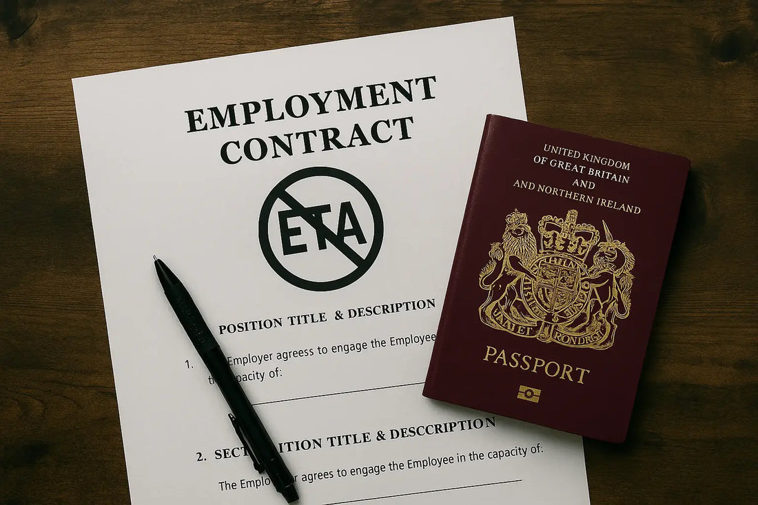 Contrat de travail barré avec la mention ETA interdite, posé à côté d’un passeport britannique, illustrant l’interdiction de travailler au Royaume-Uni avec une ETA.