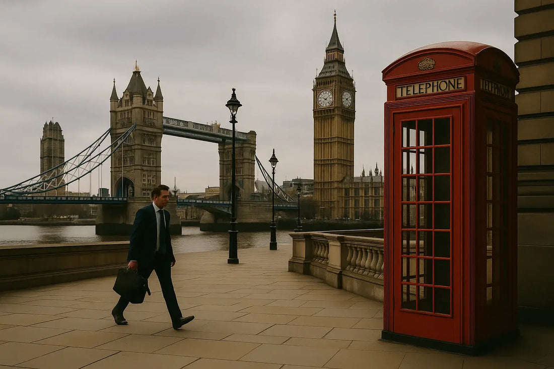 Homme en costume marchant à Londres près de Big Ben, Tower Bridge et d’une cabine téléphonique rouge, illustrant un voyage d’affaires au Royaume-Uni avec ETA UK.