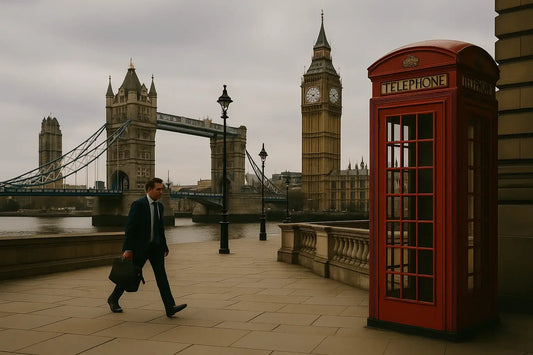 Homme en costume marchant à Londres près de Big Ben, Tower Bridge et d’une cabine téléphonique rouge, illustrant un voyage d’affaires au Royaume-Uni avec ETA UK.
