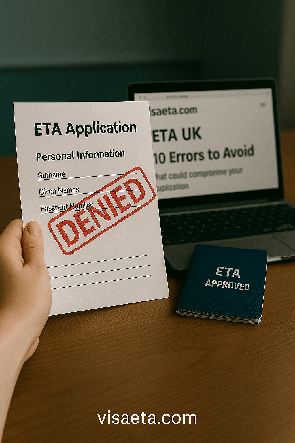 Document de demande ETA UK refusé avec mention “Denied”, posé à côté d’un passeport ETA approuvé et d’un écran affichant les erreurs ETA à éviter.