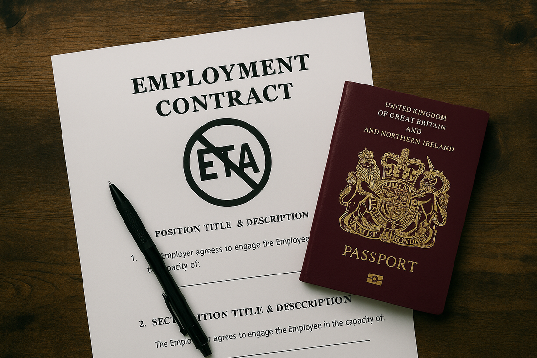 Passeport ouvert à côté d’un document indiquant l’interdiction de travailler avec une ETA Royaume-Uni, illustrant les restrictions de l’autorisation de voyage électronique en 2025.