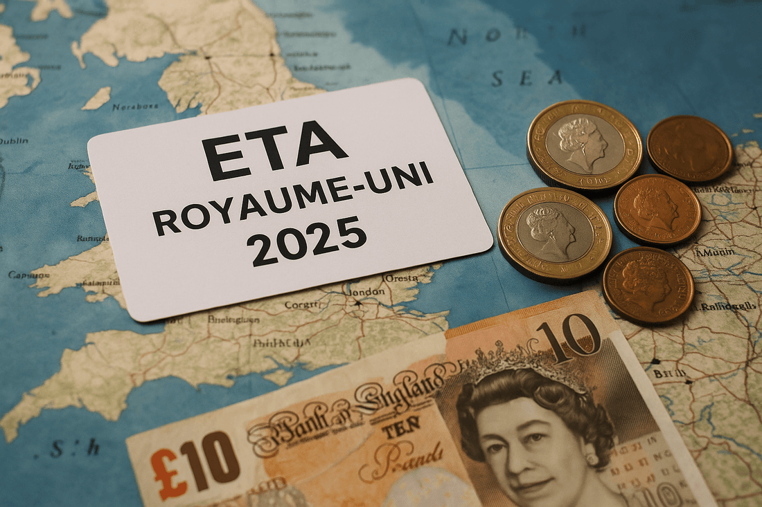 Billet de 10 livres sterling et formulaire ETA posés sur une table avec en arrière-plan un symbole emblématique du Royaume-Uni, illustrant le coût de l’ETA pour voyager au Royaume-Uni en 2025.
