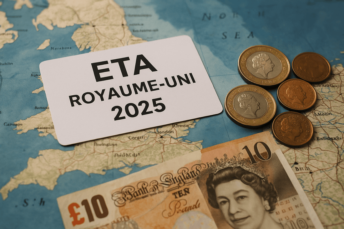 Billet de 10 livres sterling et formulaire ETA posés sur une table avec en arrière-plan un symbole emblématique du Royaume-Uni, illustrant le coût de l’ETA pour voyager au Royaume-Uni en 2025.