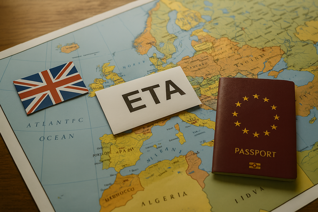 Photographie réaliste d’un passeport européen, d’un drapeau britannique et d’une carte d’Europe avec une carte portant la mention ETA, illustrant les démarches de demande d’ETA pour voyager au Royaume-Uni en 2025.