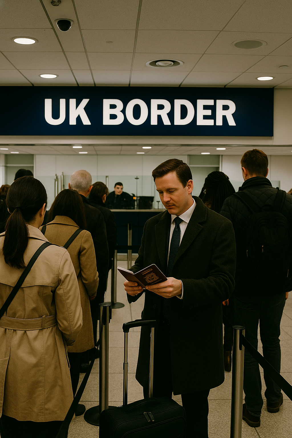 Des voyageurs internationaux traversent l’aéroport d’Heathrow à Londres avec leurs bagages, illustrant les formalités d’arrivée après l’obtention d’une autorisation ETA UK.