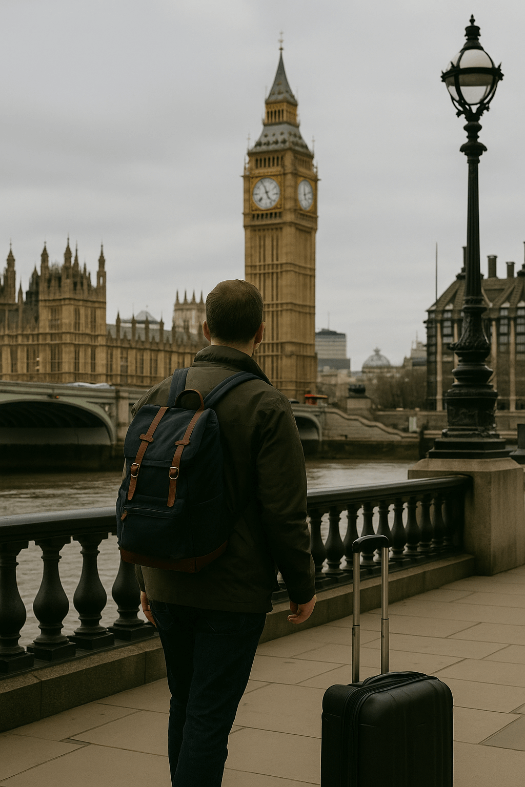 Voyageur arrivant à Londres en 2025 avec valise et sac à dos, observant Big Ben — illustration du tourisme au Royaume-Uni avec une ETA valide.