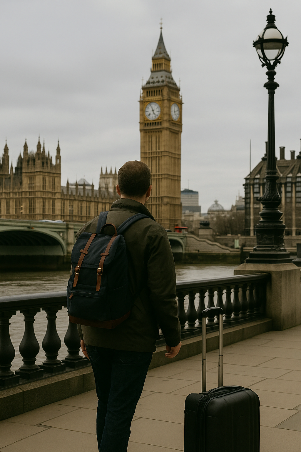 Voyageur debout sur le quai d’une gare londonienne avec sa valise, prêt à embarquer, symbolisant les allers-retours permis par une ETA UK multi-entrées en 2025.