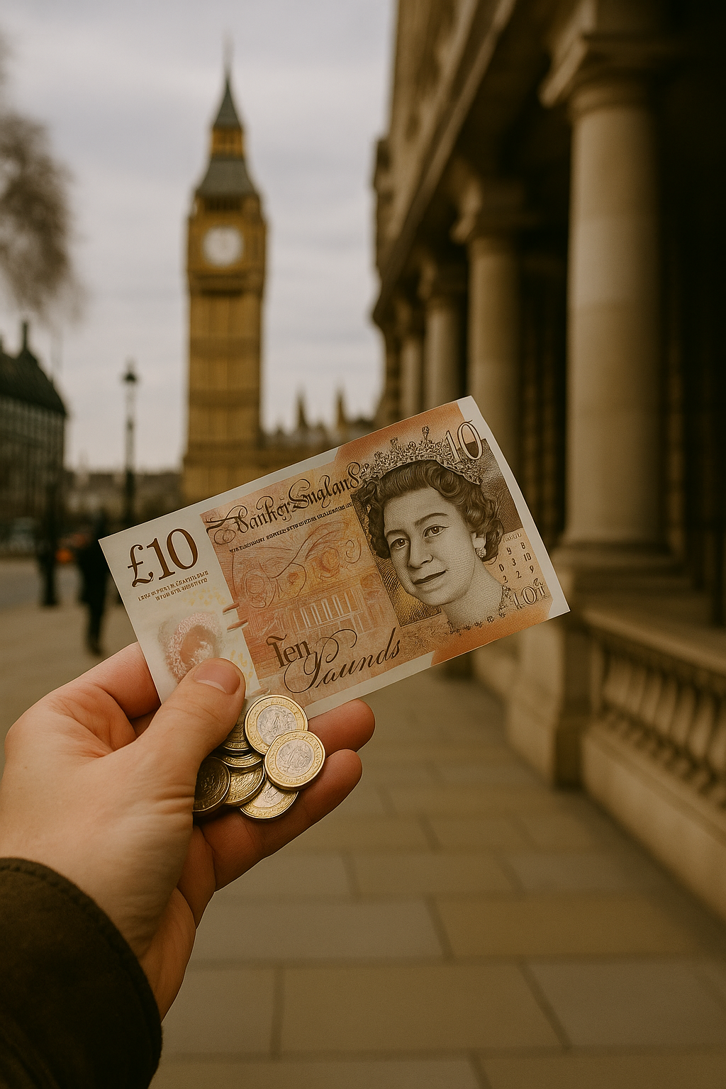 Gros plan réaliste sur une main tenant un billet de 10 livres sterling devant une agence de change au Royaume-Uni, illustrant le remboursement d’une demande ETA UK en 2025