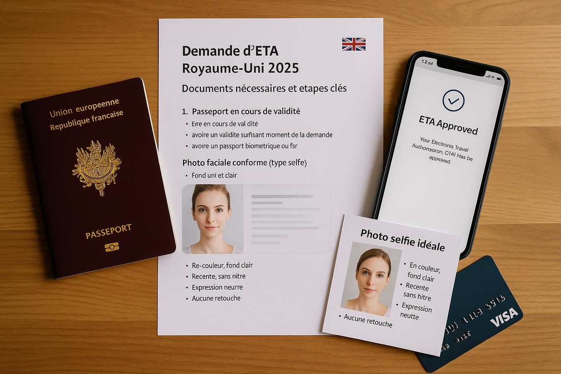Documents nécessaires pour ETA Royaume-Uni 2025 : passeport biométrique, smartphone (demande en ligne), carte bancaire et formulaire « ETA UK » sur table, drapeau britannique.