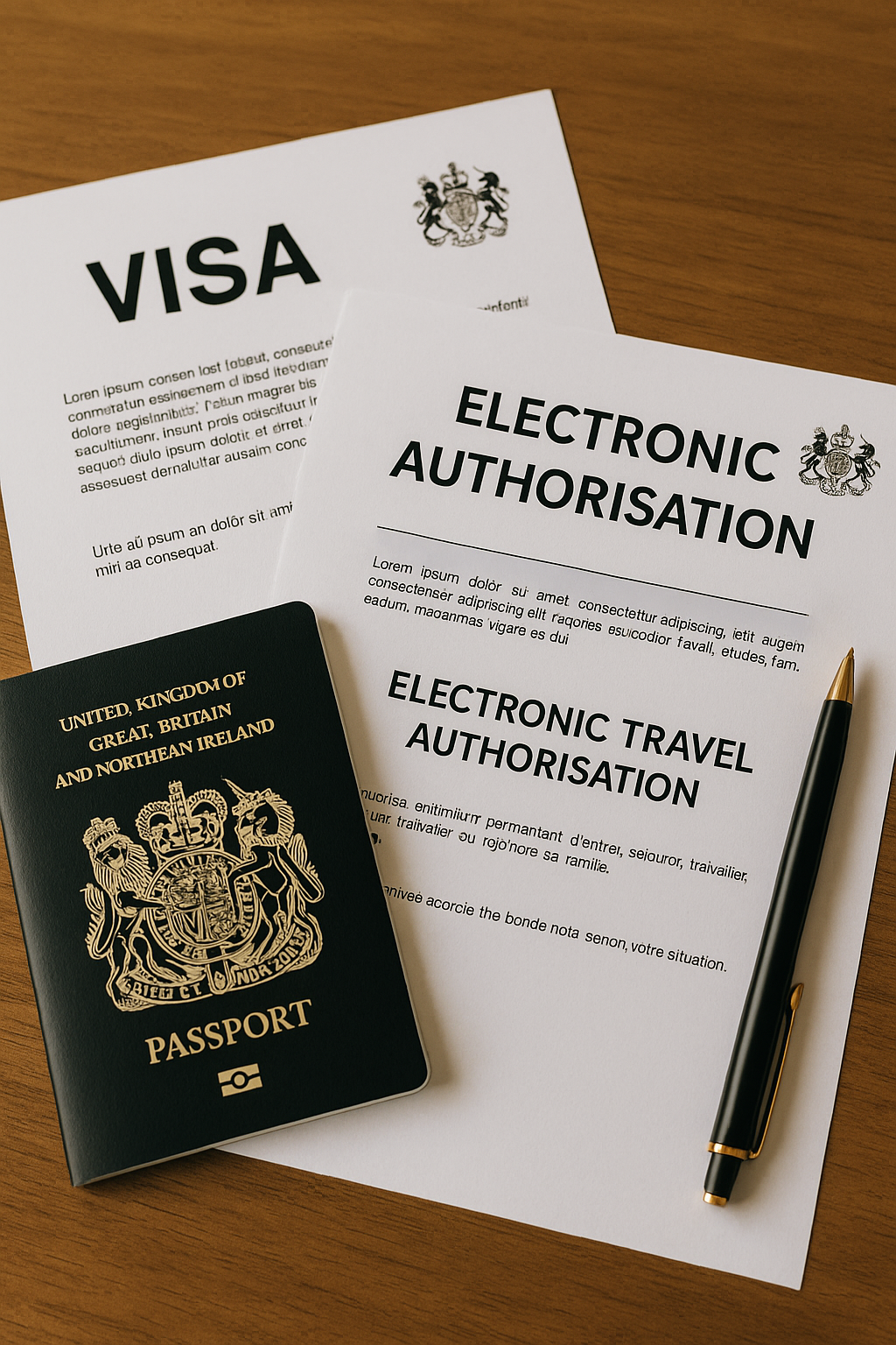 Deux documents de voyage posés sur une table en bois, représentant un passeport britannique et une autorisation ETA, illustrant les différences entre visa et ETA pour le Royaume-Uni en 2025.