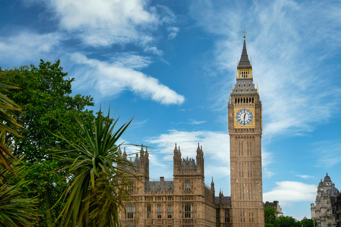 Vue de Big Ben à Londres, symbole du Royaume-Uni, sous un ciel bleu avec végétation au premier plan – illustration d'article sur l'ETA UK et les contrôles de sécurité à l'entrée