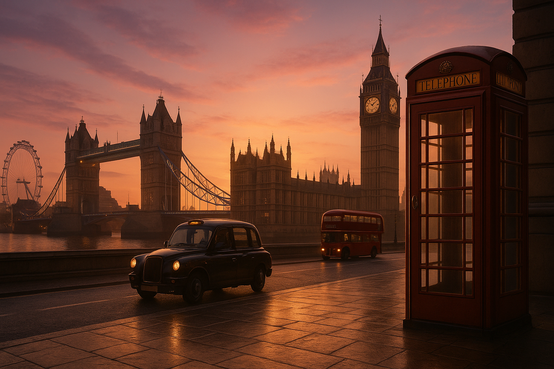 Vue emblématique de Londres au coucher du soleil avec Big Ben, le Tower Bridge, un taxi noir, un bus rouge et une cabine téléphonique – symbole du Royaume-Uni pour illustrer l’entrée avec ETA en 2025.