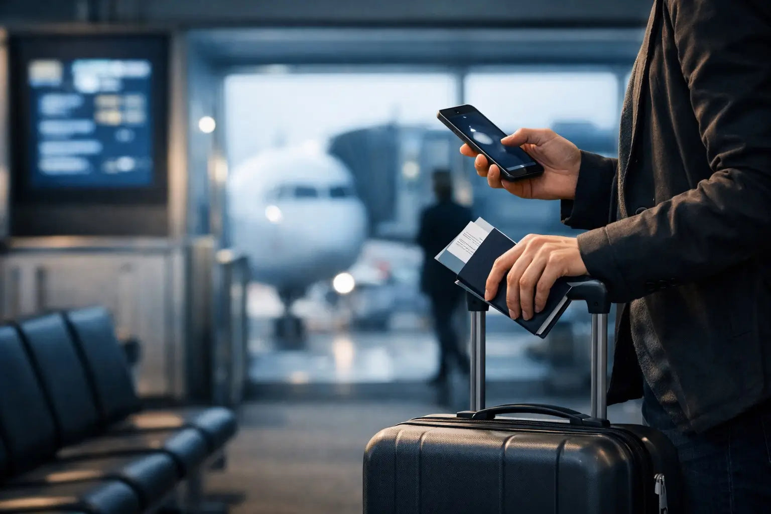 Voyageur avec smartphone, passeport et valise en zone d’embarquement