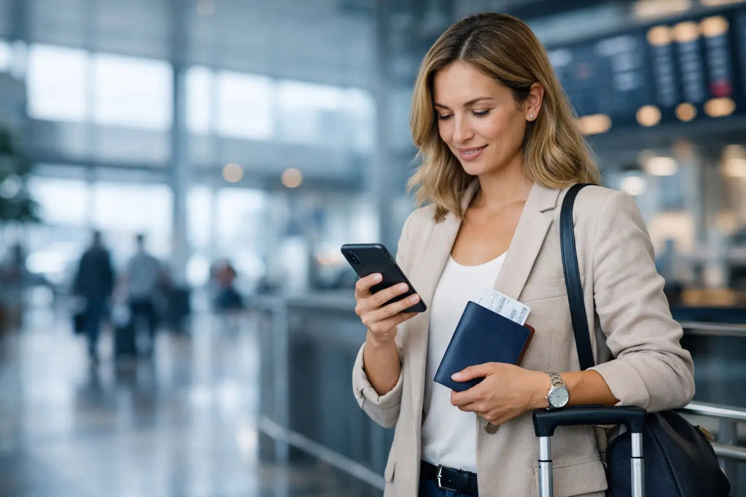 Voyageuse consultant son téléphone avec passeport et bagage cabine
