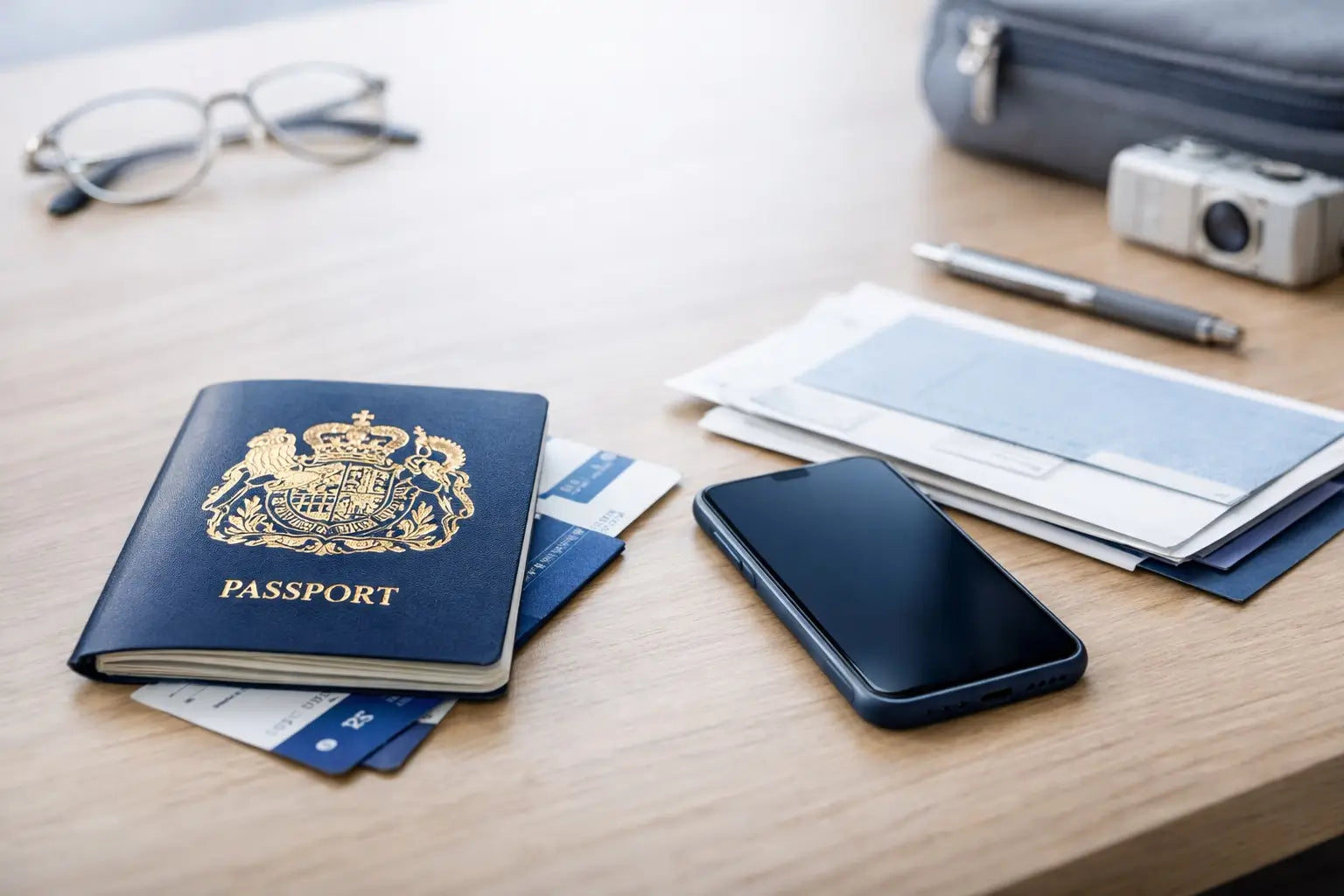 Passeport, téléphone et documents de voyage sur une table claire